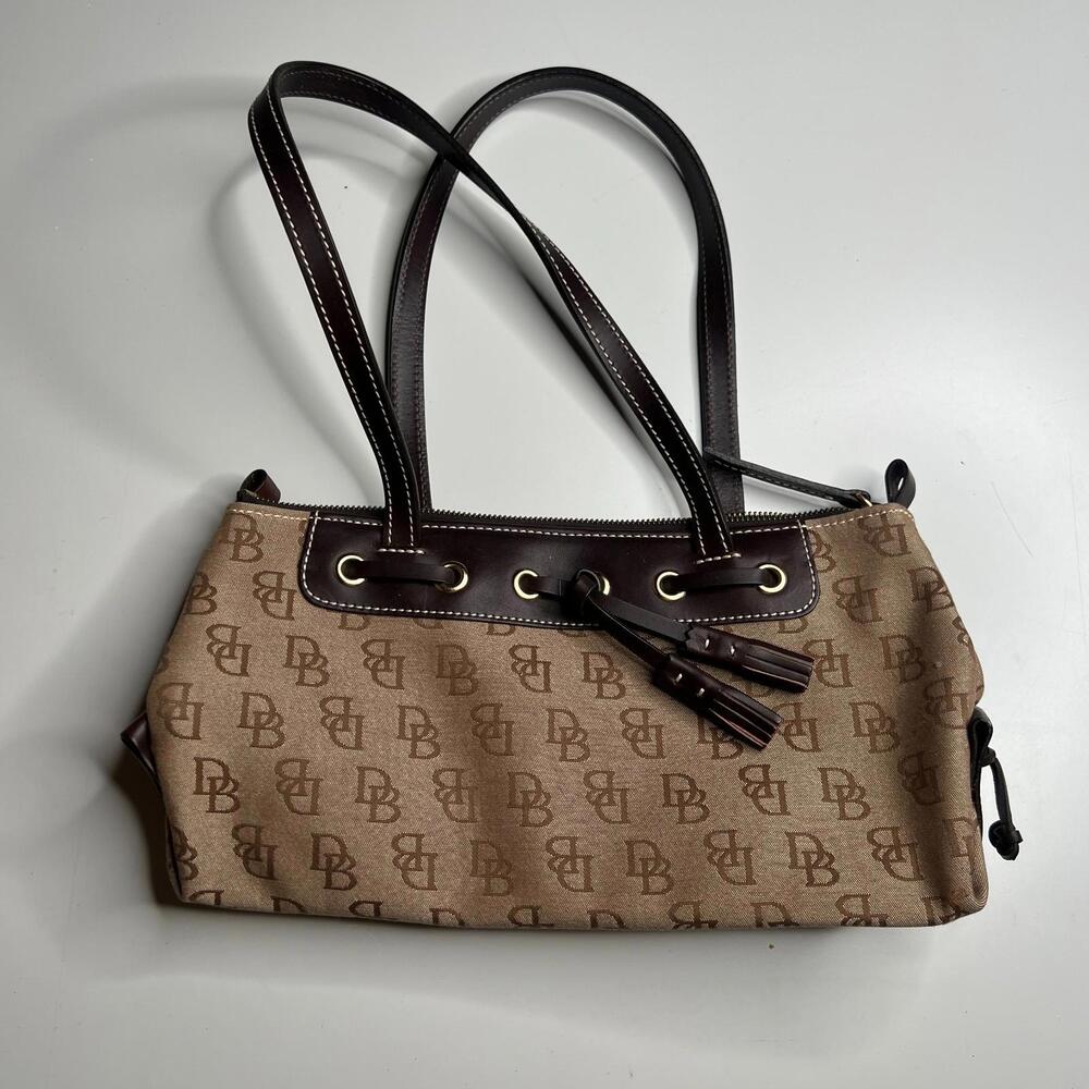 Dooney & Bourke Signature‎ DB Logo Tassel Shoulder Bag Brown Canvas Leather Trim